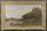 A man fishing and a woman washing on a riverbank by Edmond Marie Petitjean, oil on canvas, sold Jun 2025