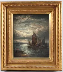 Night' view of boats under moonlight by William Thornley, oil on canvas, sold Jun 2025