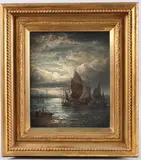Night' view of boats under moonlight by William Thornley, oil on canvas, sold Jun 2025