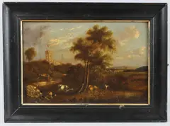 Cattle grazing with church tower in the distance by Alfred Vickers, oil on canvas, sold Jun 2025