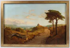 Landscape with village church and path, possibly Yorkshire by Edmund John Niemann, oil on canvas, offered Jun 2025