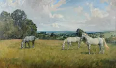 Myrobella, Mombasa and Joyce at the National Stud, Sandley Stud, Dorset oil on canvas by Lionel Dalhouse Edwards, 1953, oil on canvas, sold Jun 2025