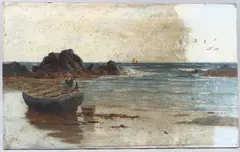 Seascape with fisherman and boat on the beach by Richard Wane, oil on canvas, sold Jun 2025