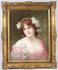 Head and shoulders portrait of a woman, wearing a pink dress and flowers in her hair by Émile Eisman-Semenowsky, oil on canvas, sold Jun 2025