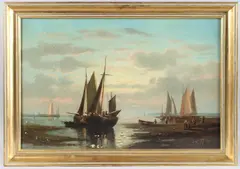 Beached fishing boats with others at sea in the distance by Abraham Hulk, oil on canvas, sold Jun 2025