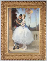 Couple on a moonlit terrace by Walter Ernest Webster, oil on canvas board, offered Jun 2025
