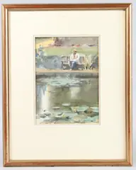 An artist sketching by a pond by Trevor Chamberlain, watercolour, sold Jun 2025
