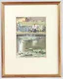 An artist sketching by a pond by Trevor Chamberlain, watercolour, sold Jun 2025