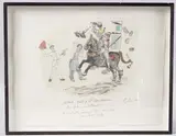 The Battle of San Romano' scene of a knight on horseback charging at waiters by Chris Or, ink and watercolour, sold Jun 2025
