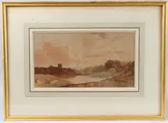 Landscape with Ruined Castle' watercolour, gallery label verso, 22cm x 40cm by John Varley, watercolour, offered Jun 2025