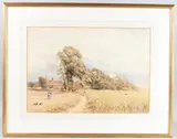 Landscape with farm, labourer and crows by Thomas James Soper, watercolour, offered Jun 2025