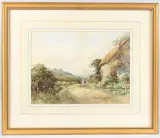 Landscape with cottage and sheep on a lane by Thomas R. Bradley, 1871, watercolour, offered Jun 2025