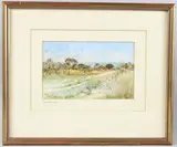 Landscape with distant building and hills by L. Russell Conway, watercolour, sold Jun 2025