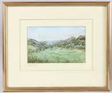 Landscape with rocky outcrops and distant hills by L. Russell Conway, 1925, watercolour, offered Jun 2025