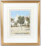Figure standing beside a Dutch Cape style house by L. Russell Conway, watercolour, offered Jun 2025