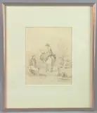 A woman on horseback and a seated man at a well by Paul Sandby Munn, pencil and watercolour, offered Jun 2025