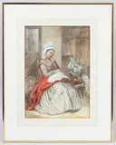 Wandering Thoughts' Interior scene of a seated woman by Anna Maria Charretie, watercolour, offered Jun 2025