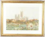 View across allotments of Canterbury Cathedral by Henry G. Hines, watercolour, offered Jun 2025