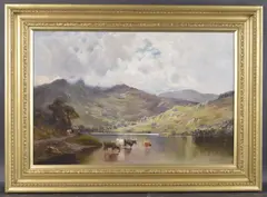 Mountain landscape with cattle watering by Alfred de Breanski Snr, oil on canvas, offered Jun 2025