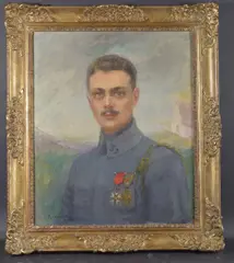 Portrait of a soldier wearing medals by Jeanne Mahudez, 1920, oil on canvas, offered Jun 2025