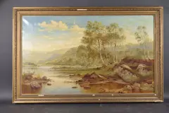 Figures resting on a mountain lakeside by Benjamin Williams Leader, oil on canvas, offered Jun 2025