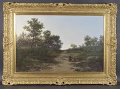Shepherds with their flock on a woodland path by Pierre Emmanuel Damoye, oil on canvas, offered Jun 2025
