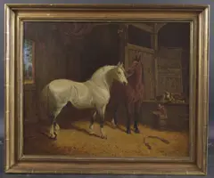 Grey and chestnut horses in a stable by John Frederick Herring Senior, oil on canvas, offered Jun 2025