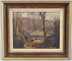 View of a cottage in woodland by Denys Law, oil on board, sold May 2025