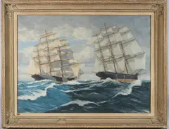Hulks at Appledore' oil on canvas, label verso by David Roy Macgregor, oil on canvas, offered May 2025