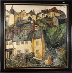 Hillside buildings by Robert Hill, oil on board, sold May 2025