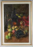 Still life of a bottle and a bowl of fruit by J. White, oil on board, sold May 2025