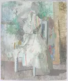 Striped dress on a chair by Jane Dowling, oil on board, sold May 2025
