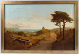Landscape with village church and path by Edmund John Niemann, oil on canvas, offered May 2025