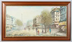 Paris street scene by Caroline C. Burnett, oil on board, sold May 2025