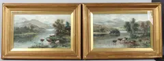 Mountain river landscapes with Highland cattle by William Langley, oil, sold May 2025