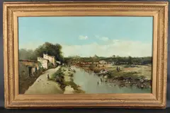 View of a river with a city by P Moya, oil on canvas, sold May 2025