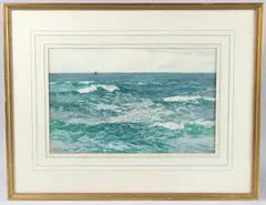 Seascape with distant yacht by Norman Wilkinson, watercolour, sold May 2025