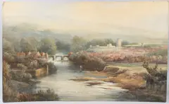 View of anglers in a river with castle and town in the distance by Frederick Booty, watercolour on card, sold May 2025