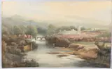 View of anglers in a river with castle and town in the distance by Frederick Booty, watercolour on card, sold May 2025