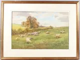 Sheep grazing on Downland pasture by Cyril Ward, watercolour, sold May 2025