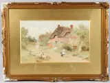Gathering the Flock' shepherd and flock on a village path by Arthur Claude Strachan, watercolour, offered May 2025