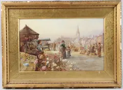 Market Day Great Yarmouth' watercolour, label verso signed, 28cm x 45cm by Percy Robertson, watercolour, offered May 2025