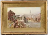 Market Day Great Yarmouth' watercolour, label verso signed, 28cm x 45cm by Percy Robertson, watercolour, offered May 2025