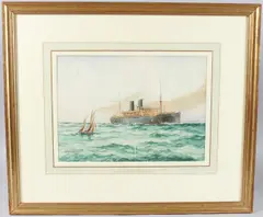 The P&O liner Cathay homeward Bound' watercolour signed, dated 1927 and inscribed 'homeward bound from Australia' 25cm x 35cm by William Minshall Birchall, 1927, watercolour, sold May 2025