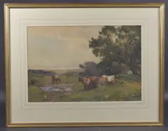 Landscape with grazing cattle and the sea beyond by Robert Thorne Waite, watercolour, sold May 2025