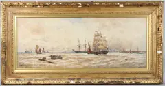 Shipping and salvaging off a coastline and harbour by Thomas Bush Hardy, 1897, watercolour, offered May 2025