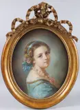 Head and shoulder portrait of a young lady by M Morin, watercolor, sold May 2025