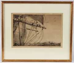View of sailors on a ships rigging by Arthur Briscoe, ink, sold May 2025