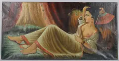 Reclining semi-draped woman with a fan by Najib Younis, Oil on canvas, offered Apr 2025