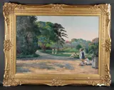 Ladies picking flowers on a garden path by Suzanne Daynes-Grassot, oil on canvas, offered Apr 2025